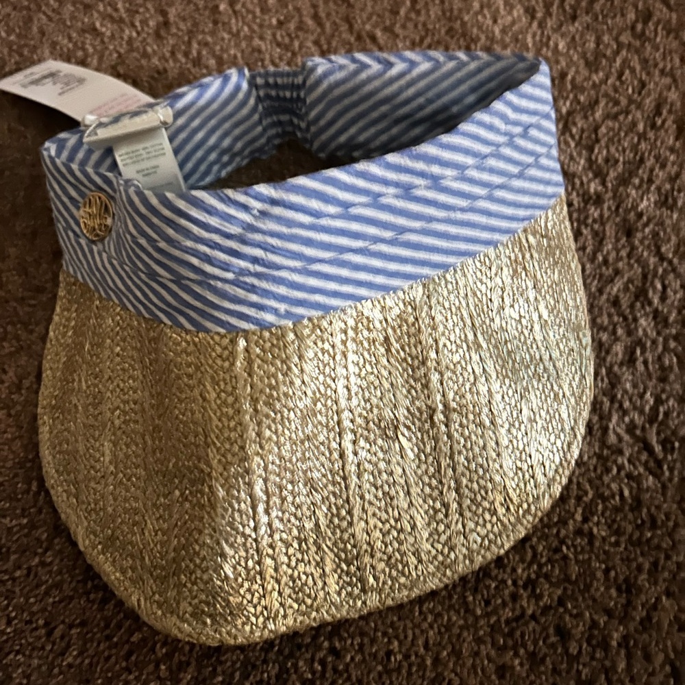 Lilly Pulitzer Gold Straw Visor with Blue-White Striped Band